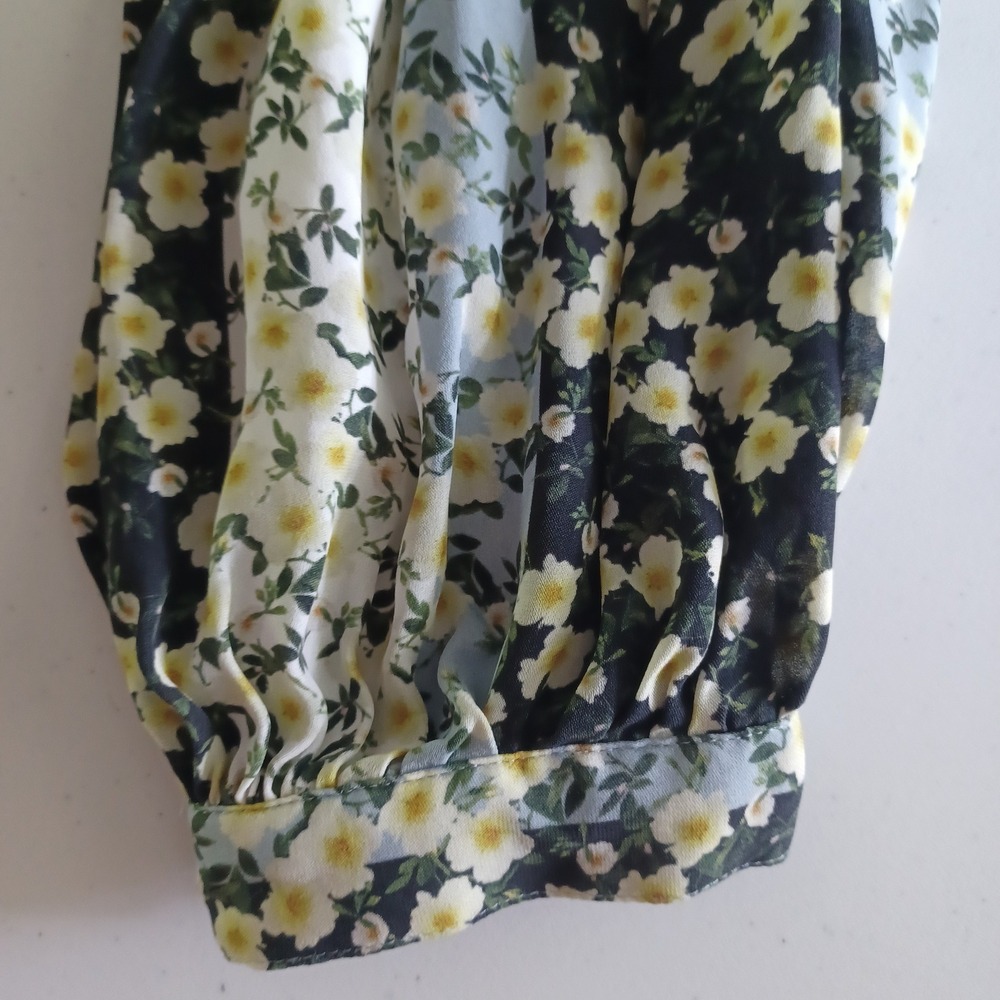 Parker Womens Silk Floral Smocked Peplum Blouse Black Daisy Balloon Sleeve Sz M - Picture 7 of 14